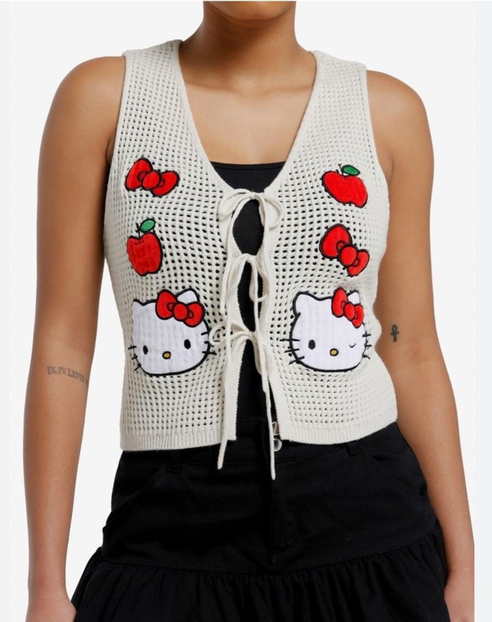 NWT Hot Topic x Hello Kitty Open Mesh Knit Sweater Vest w/ Patches Tie Front 2X